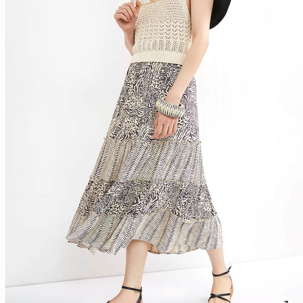 Anthropologie Beachgold Leopard Tiered Midi Skirt Size Small